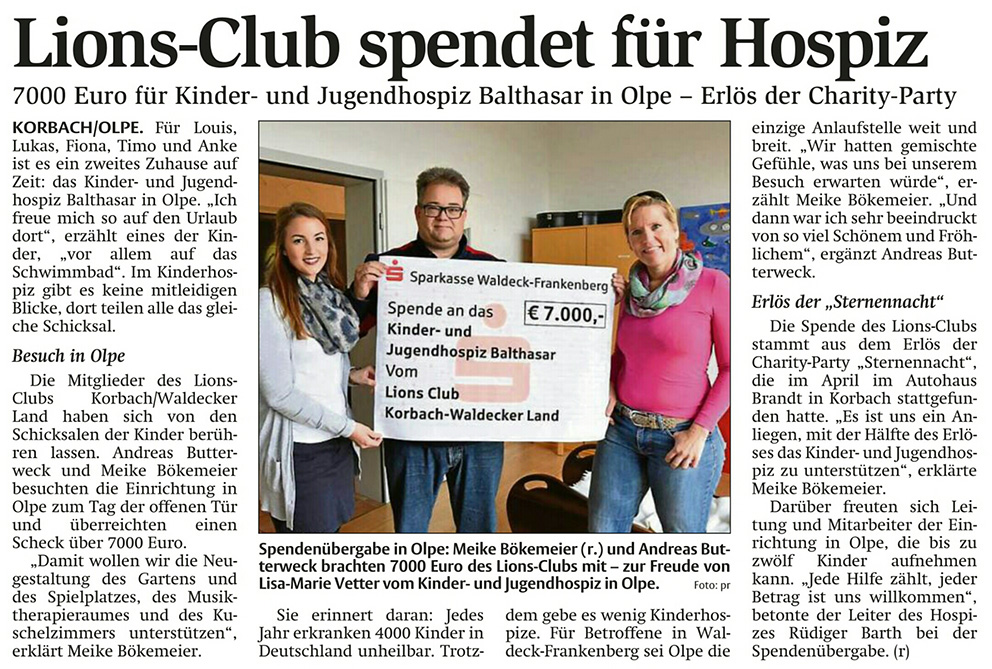 Lions Club spendet 7000 Euro an Kinder- und Jugend-Hospiz in Olpe.